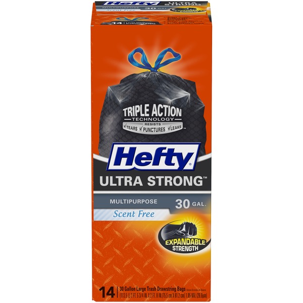 Hefty Ultra Strong Large Multipurpose Drawstring Trash Bags, Scent Free, 30 Gallon, 14 CT