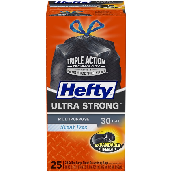 Hefty Ultra Strong Large Multipurpose Drawstring Trash Bags, Scent Free, 30 Gallon, 25 CT