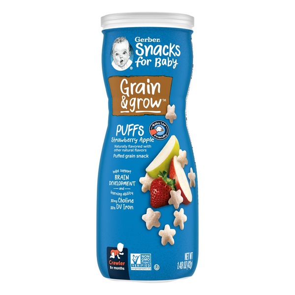 Gerber Snacks for Baby Grain & Grow Puffs, Strawberry Apple, 1.48 oz Canister