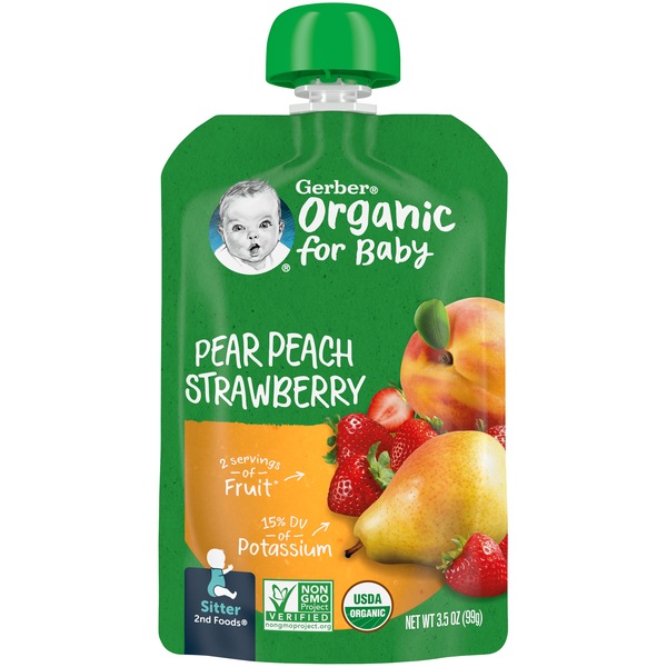Gerber 2nd Foods Organic Pear Peach Strawberry Baby Food, 3.5 oz Pouch