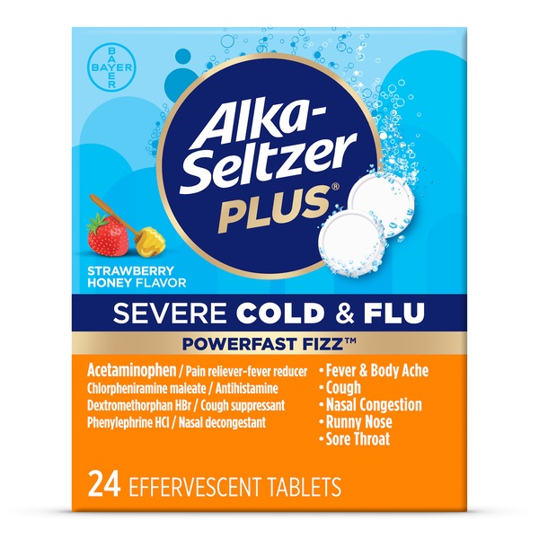 Alka-Seltzer Plus Powerfast Fizz, Severe Cold & Flu Medicine, Strawberry Honey Effervescent Tablets, 24 CT