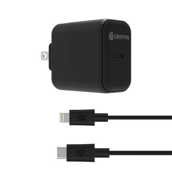 Griffin PowerBlock USB-C PD 18W Wall Charger with USB-C to Lightning Cable, Black