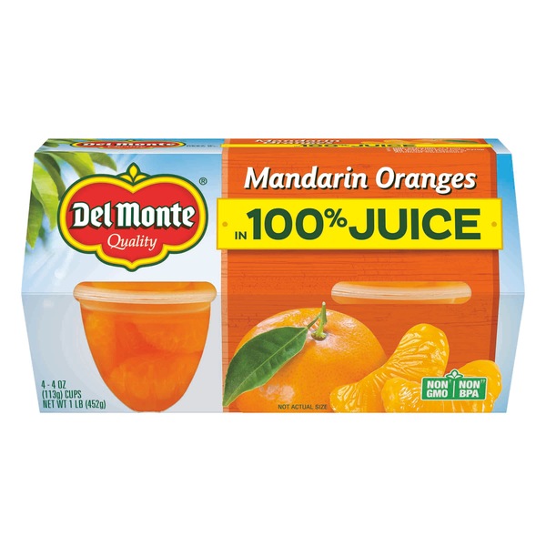 Del Monte Mandarin Oranges Fruit Cup 100% Juice, 4 ct, 16 oz