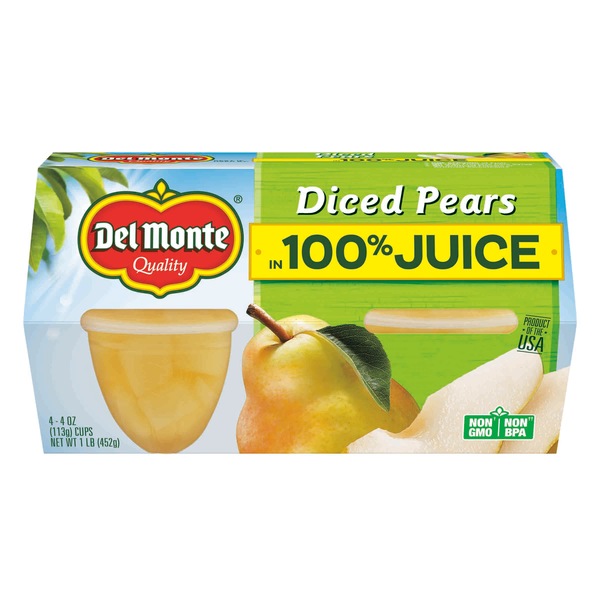 Del Monte Diced Pears in 100% Juice, 4 Pack 4 oz Cups