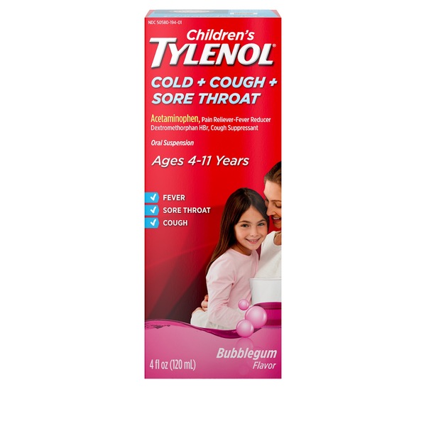 Children's Tylenol Cold + Cough + Sore Throat, Bubblegum, 4 FL OZ