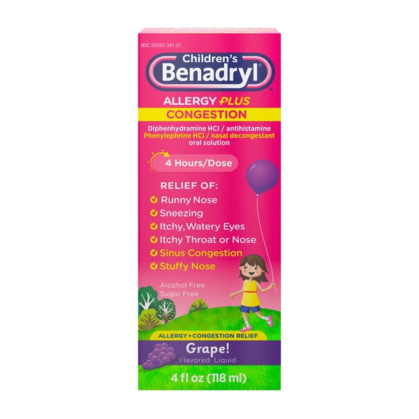 Benadryl Children's Allergy +Plus Congestion Antihistamine Liquid, Grape, 4 OZ
