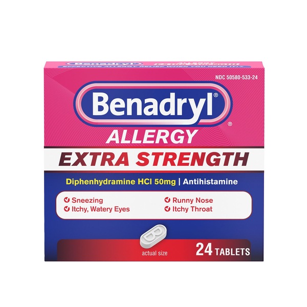 Benadryl Extra Strength Allergy Releif, 50mg Diphenhydramine HCl, 24 CT