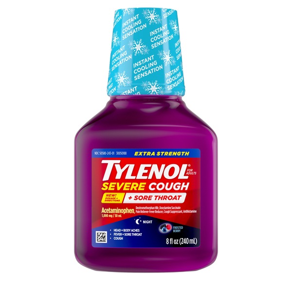 Tylenol Extra Strength Severe Cough + Sore Throat Night Liquid, 8 OZ