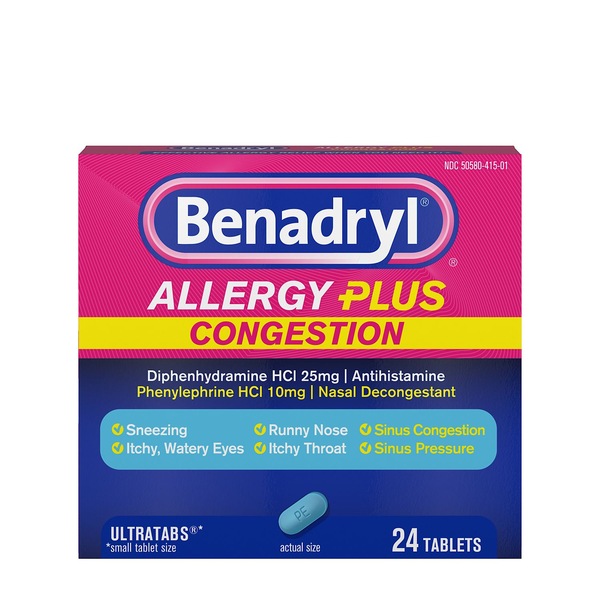 Benadryl Allergy Plus Congestion en tabletas, medicina para la alergia, 24 unidades