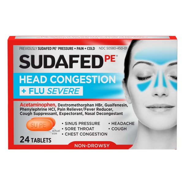 Sudafed PE Head Congestion + Flu Severe Tablets for Adults, 24 CT
