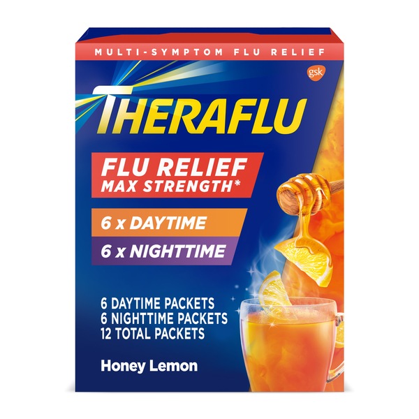 Theraflu Max Strength Day + Nighttime Flu Relief Packets, Honey Lemon, 12 CT