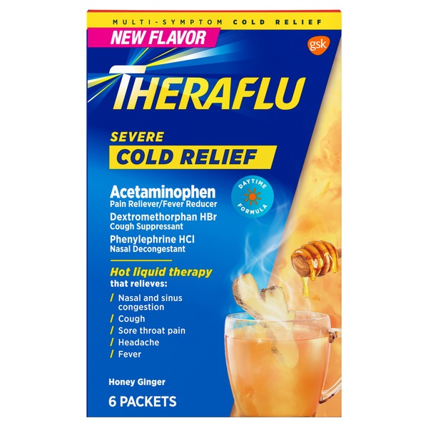 Theraflu Severe Cold Relief Daytime Powder, Honey Ginger, 6 CT