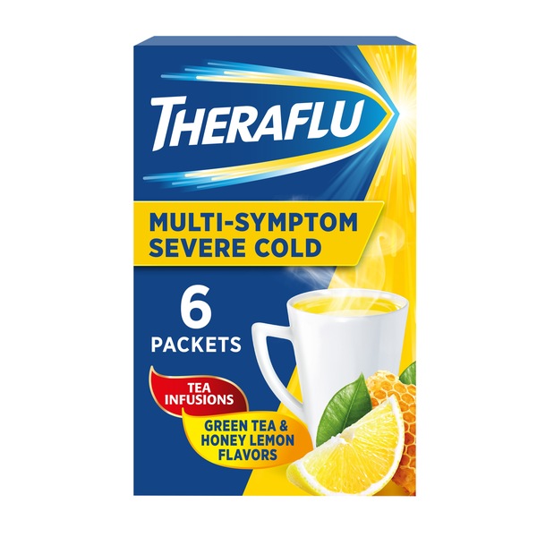 Theraflu Multi-Symptom Severe Cold Hot Liquid Powder Tea Infusions Green Tea and Honey Lemon Flavors 6 Count Box