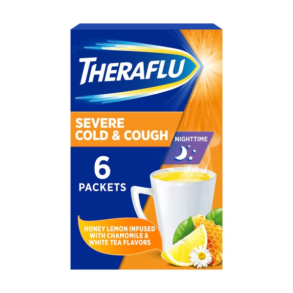 Theraflu Nighttime Severe Cold and Cough Hot Liquid Powder Honey Lemon Infused with Chamomile and White Tea Flavors 6 Count Box