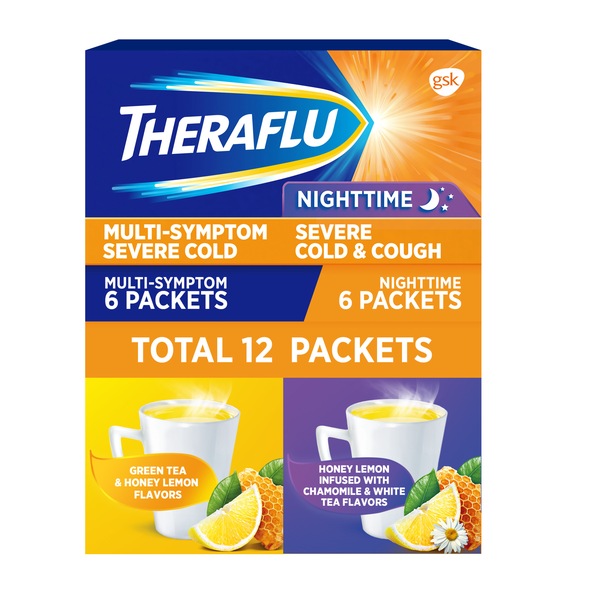Theraflu Severe Cold and Flu Medicine - Medicina para el alivio de varios síntomas del resfriado y la gripe, para el día o la noche, sabores Tea Infusions, 12 sobres de polvo