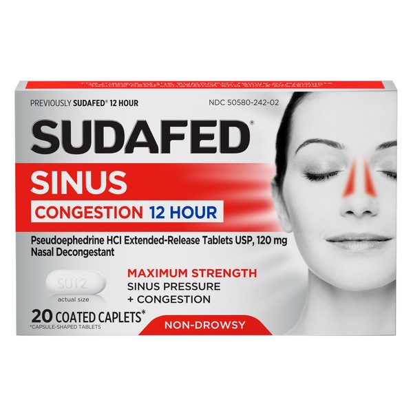 Sudafed Maximum Strength 12HR Non-Drowsy Sinus Congestion, 20 CT