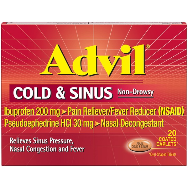 Advil Cold and Sinus Relief Coated Caplets , Non-Drowsy Pain Reliever & Fever Reducer
