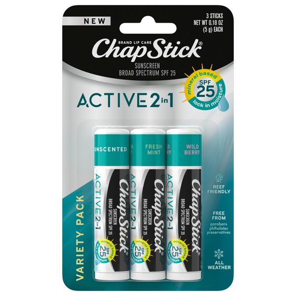 ChapStick Active 2-in-1 Unscented, Wild Berry and Fresh Mint Flavored Lip Balm, 0.18 OZ, 3 CT