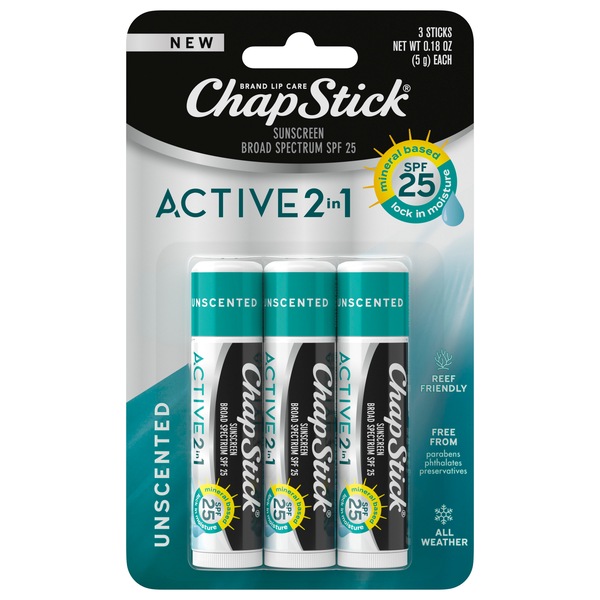ChapStick Active 2-in-1 Unscented Lip Balm, 0.15 OZ, 3 CT