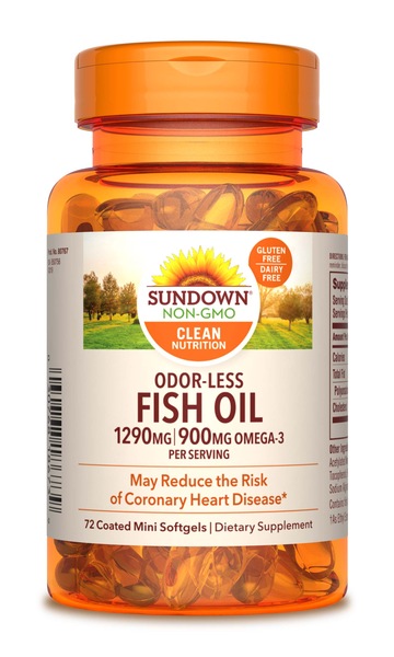 Sundown Naturals Odorless Premium Omega-3 Fish Oil Mini Softgels 1290mg, 72CT
