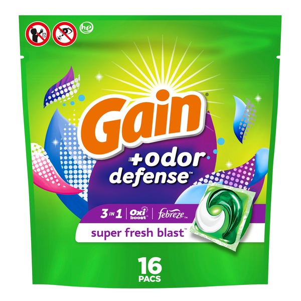 Gain Flings Laundry Detergent Pacs with Odor Defense, Super Fresh HE 3in1 Detergent Pacs with Febreze and Oxi, 16 ct