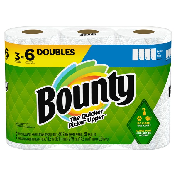 Bounty Select-A-Size Paper Towels, 3 Double Rolls, White, 90 Sheets Per Roll