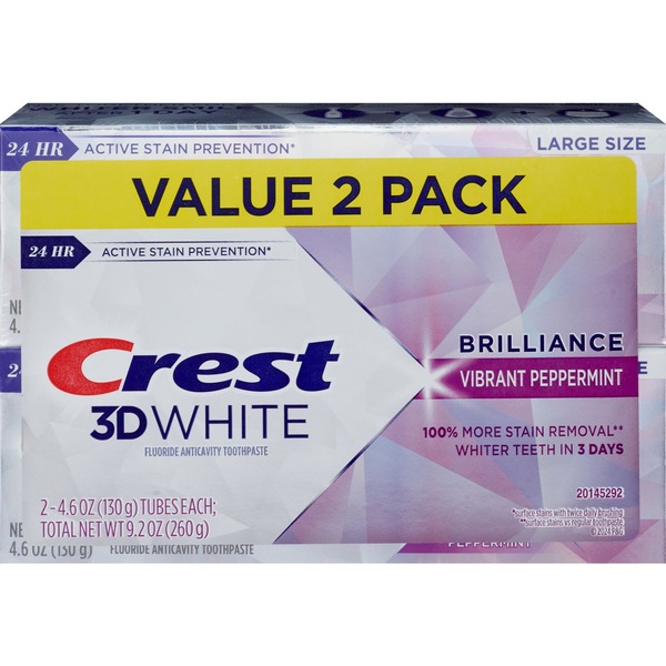 Crest 3D White Brilliance Toothpaste, Vibrant Peppermint, 4.6 OZ, 2 CT