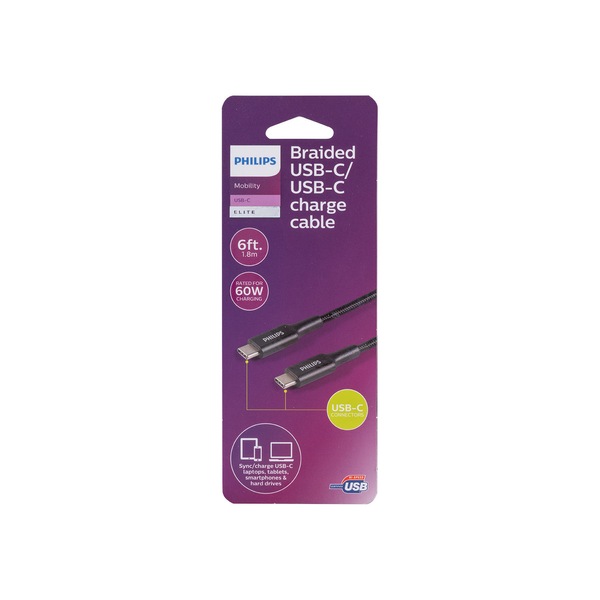 Philips Elite USB-C to USB-C Cable, 6 ft, Braided, Black