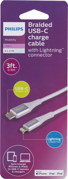 Philips USB-C to Lightning Cable, 3 ft, Braided, White
