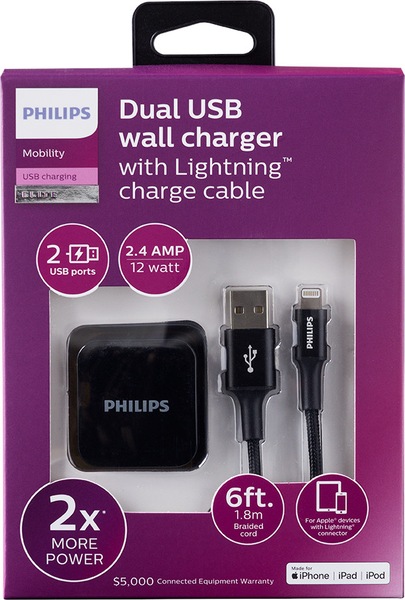 Philips AC Charger with USB A-C Cable, 2 Ports, 2.4A, 6ft Braided, Black