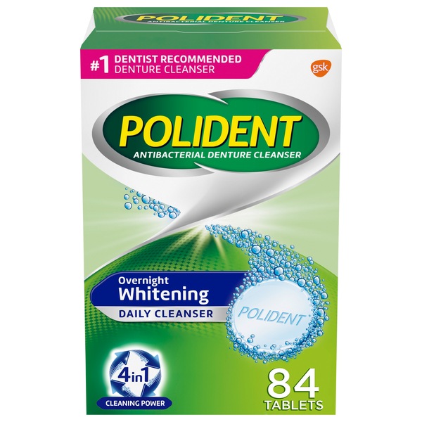Polident Antibacterial Denture Cleanser, Overnight Whitening Daily Cleanser, 84 Tablets