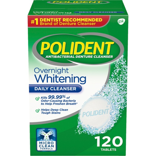 Polident Antibacterial Denture Cleanser, Overnight Whitening Daily Cleanser, 120 Tablets