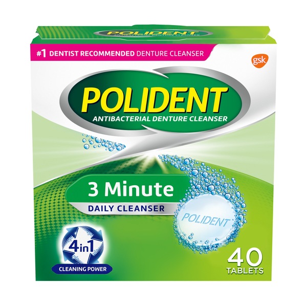 Polident Antibacterial Denture Cleanser, 3 Minute Daily Cleanser, 40 Tablets