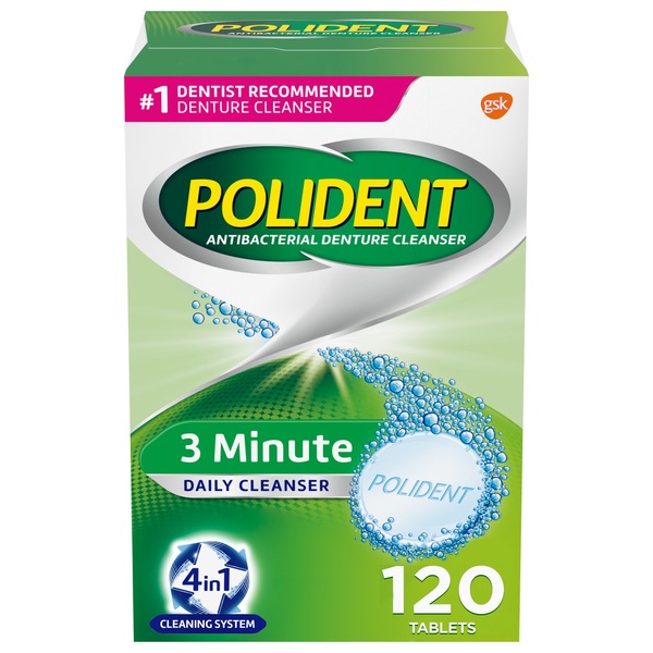 Polident Antibacterial Denture Cleanser, 3 Minute Daily Cleanser, 120 CT
