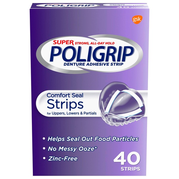 Poligrip Super Strong, All-Day Hold Denture Adhesive Strip, Comfort Seal Strips for Uppers, Lowers, and Partials, Zinc-Free, 40 Strips
