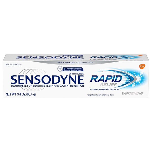 Sensodyne Rapid Relief Whitening Flouride Toothpaste, 3.4 OZ