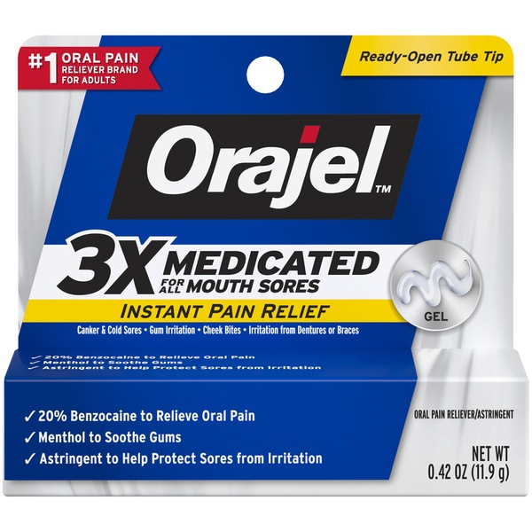 Orajel Medicated Instant Pain Relief Gel for All Mouth Sores with 20% Benzocaine