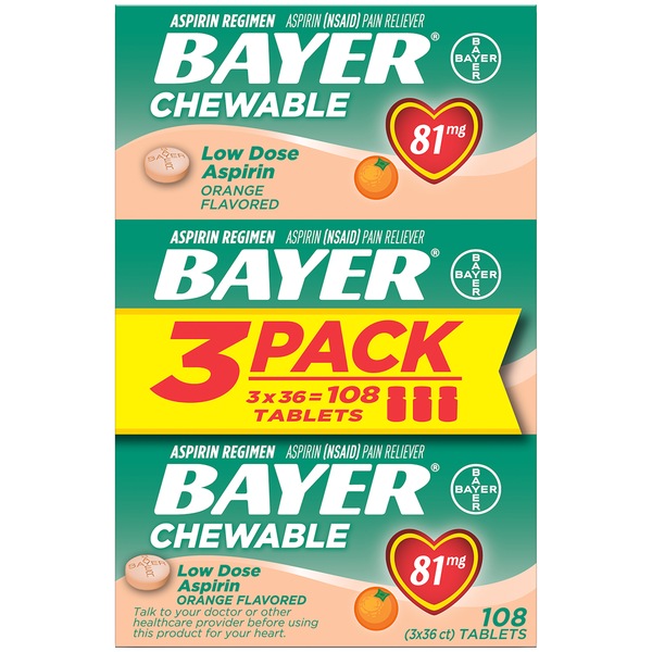 Bayer Low Dose Aspirin 81 MG Chewable Tablets, Orange, 108 CT