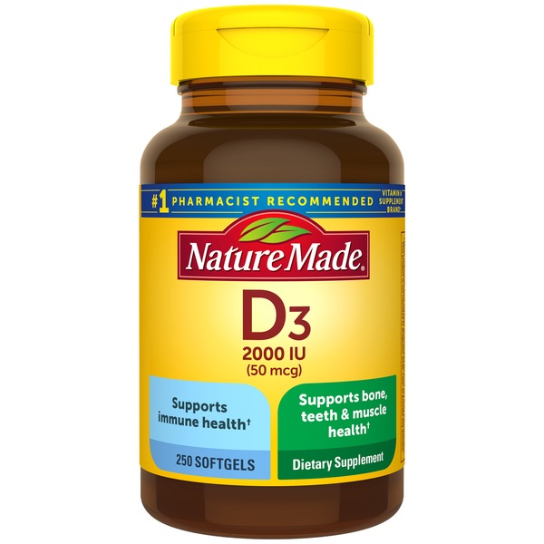 Nature Made - Vitamina D en cápsulas blandas, 50 mcg (2000 IU), 250 u.