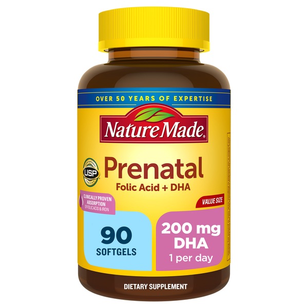 Nature Made - Multivitaminas prenatales + DHA en cápsulas blandas para el desarrollo del bebé, tamaño económico, 90 u.