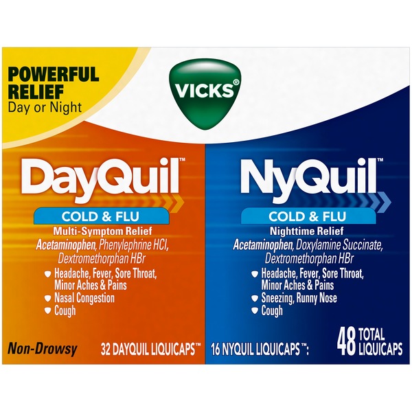 Vicks DayQuil y NyQuil Cough, Cold & Flu Relief - Combo de jarabes para el alivio de la tos, resfriado y gripe, día/noche, 48 cápsulas líquidas (32 DayQuil, 16 NyQuil) - Alivia el dolor de garganta, fiebre y congestión