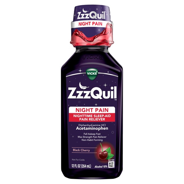 Vicks ZzzQuil Night Pain Liquid, Nighttime Sleep-Aid Pain Reliever, Black Cherry, 12 FL OZ