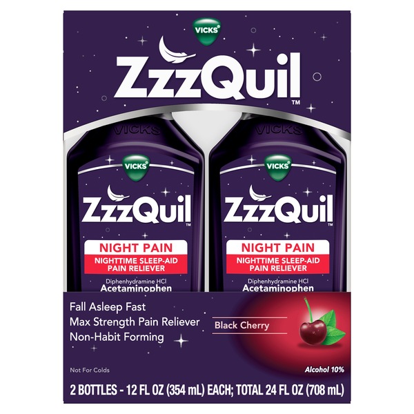 Vicks ZzzQuil Night Pain Liquid, Nighttime - Analgésico y ayuda para dormir en jarabe, Black Cherry, 2 12 oz líq.