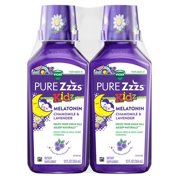 VICKS PURE Zzzs Kidz, Liquid Melatonin Sleep Aid, Berry, 2 12 FL OZ Bottles