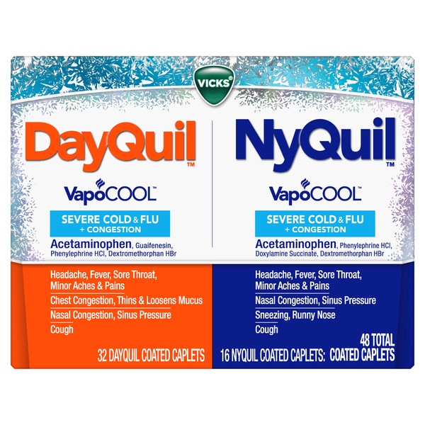 Vicks NyQuil y DayQuil SEVERE con Vicks VapoCOOL - Alivio de la tos, resfriado y gripe, 48 cápsulas (32 DayQuil y16 NyQuil); alivia el dolor de garganta, fiebre y congestión, día o noche