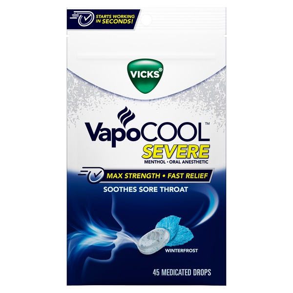 Vicks VapoCOOL Severe Sore Throat Medicated Drops, Winterfrost, 45 CT
