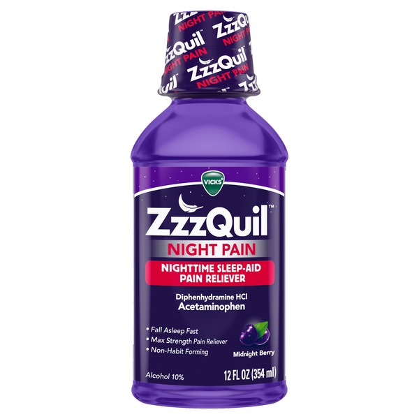ZzzQuil Nighttime Pain Relief Sleep Aid Liquid, Midnight Berry, 12 FL OZ