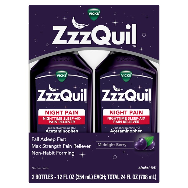ZzzQuil Nighttime Pain Relief Sleep Aid Liquid, Midnight Berry, 12 FL OZ, 2 Pack