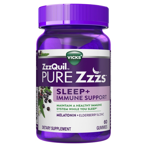 ZzzQuil PURE Zzzs Sleep + Immune Support Melatonin Sleep Aid Gummies with Elderberry, Zinc, Chamomile, Lavender, & Valerian Root, 1mg per gummy, 60CT