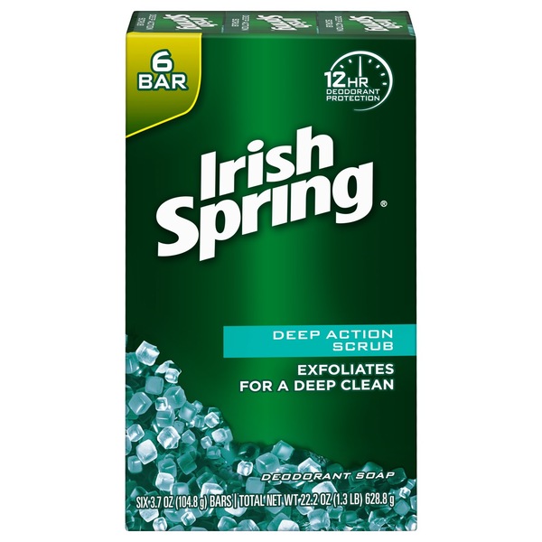 Irish Spring Deodorant Bar Soap, Deep Action Scrub, 3.7 OZ, 6 CT